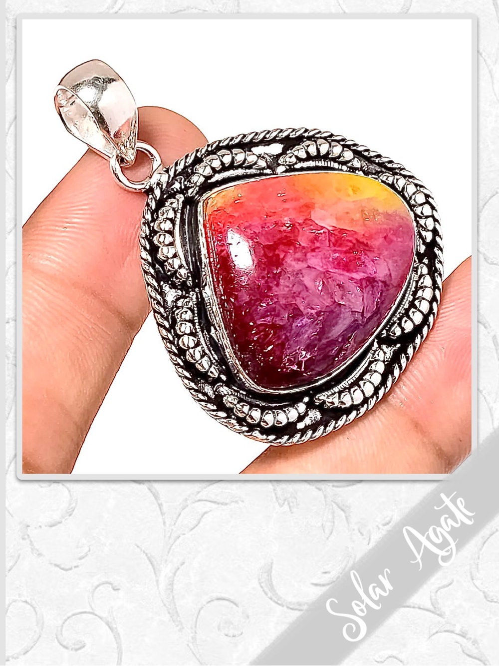 Multicolor Solar Agate Sterling Silver 925 Artisan Pendant NWOT Red, Yellow/Gold